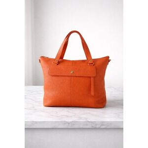 Ora Delphine Orange Leather Tote Bag Medium Zip Top Shoulder Bag
